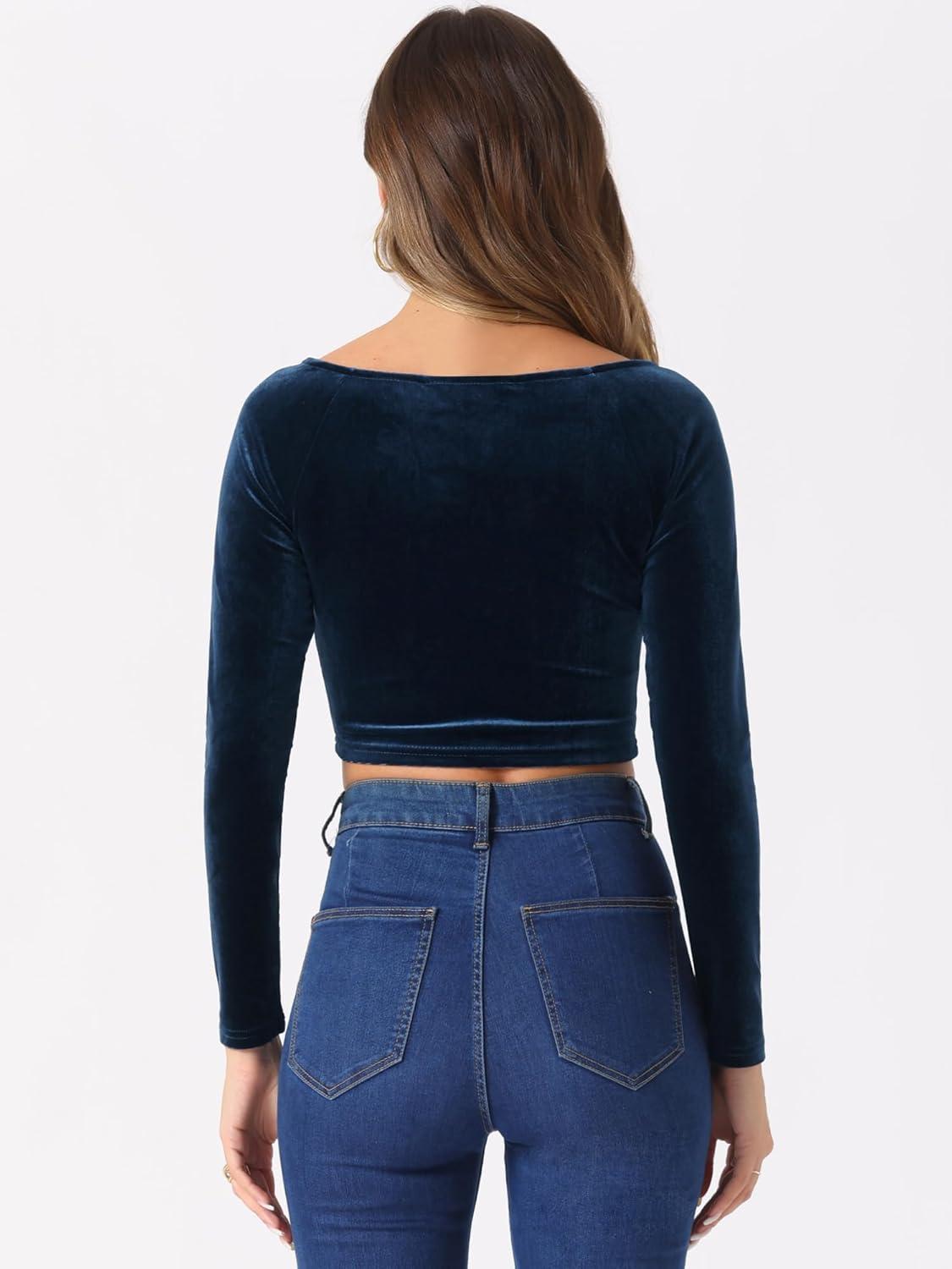 imageAllegra K Womens Velvet Long Sleeve Off Shoulder Solid Crop TopDark Blue