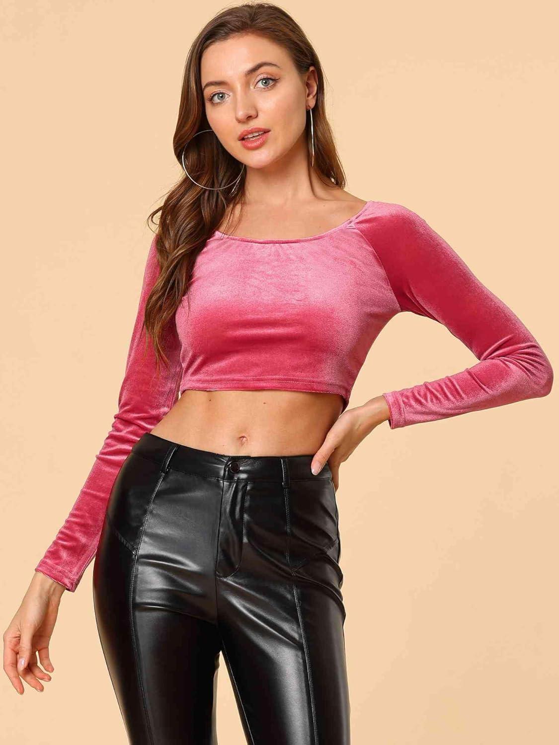 imageAllegra K Womens Velvet Long Sleeve Off Shoulder Solid Crop TopFushcia