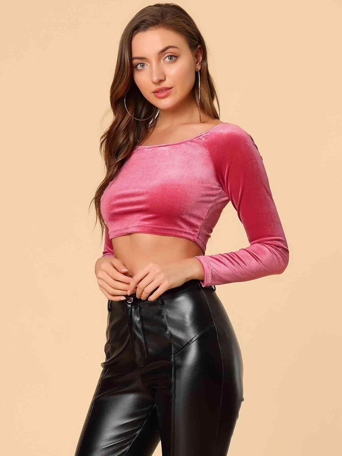 imageAllegra K Womens Velvet Long Sleeve Off Shoulder Solid Crop TopFushcia
