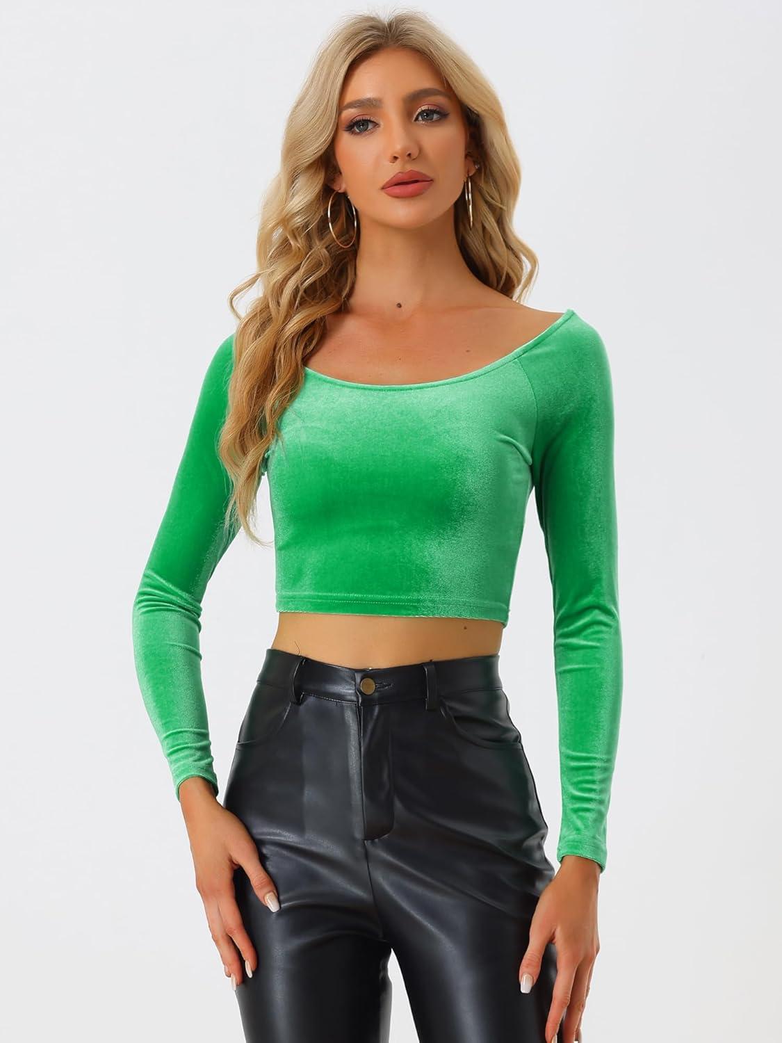 imageAllegra K Womens Velvet Long Sleeve Off Shoulder Solid Crop TopGreen