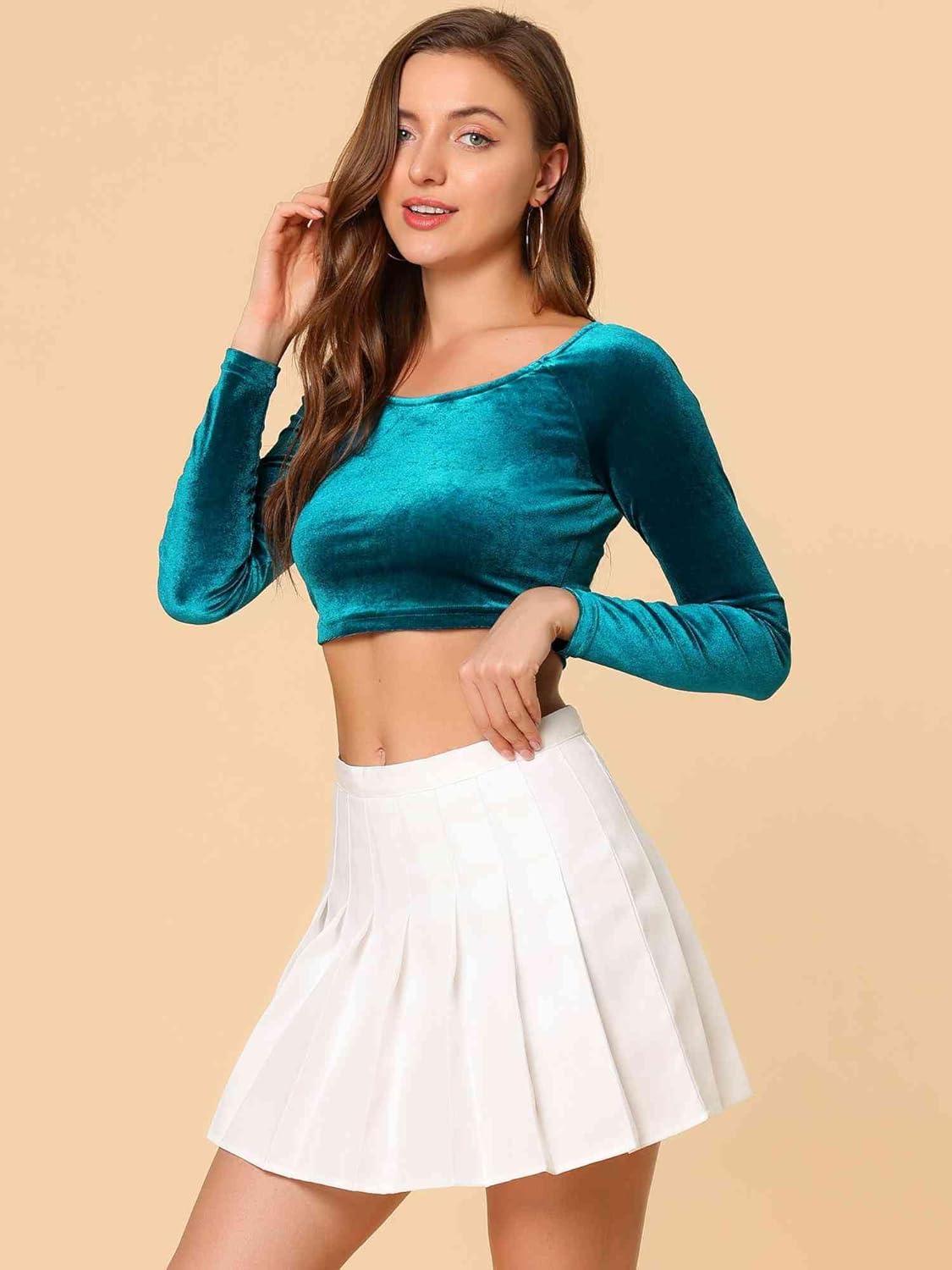 imageAllegra K Womens Velvet Long Sleeve Off Shoulder Solid Crop TopPeacock Blue