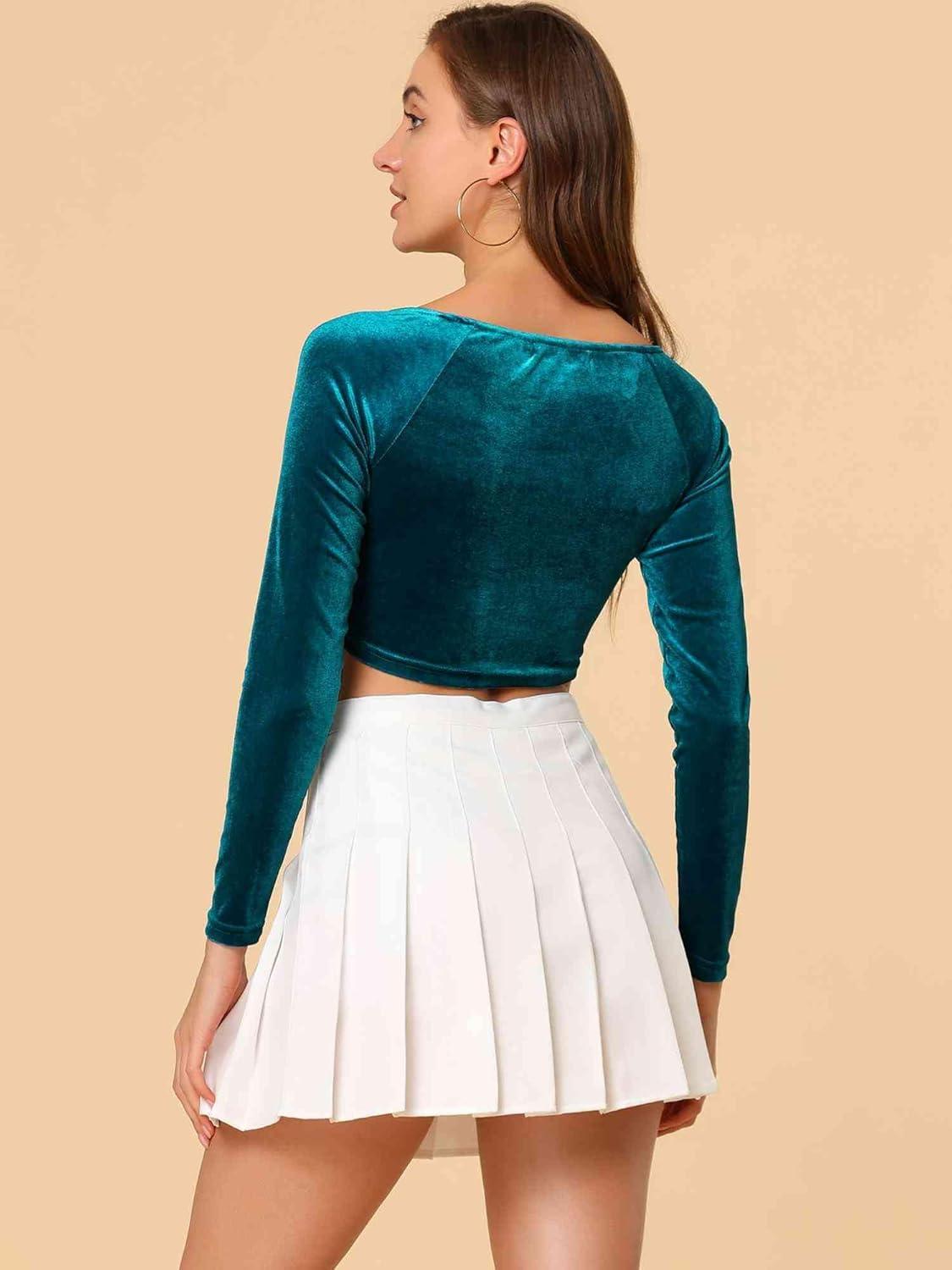 imageAllegra K Womens Velvet Long Sleeve Off Shoulder Solid Crop TopPeacock Blue