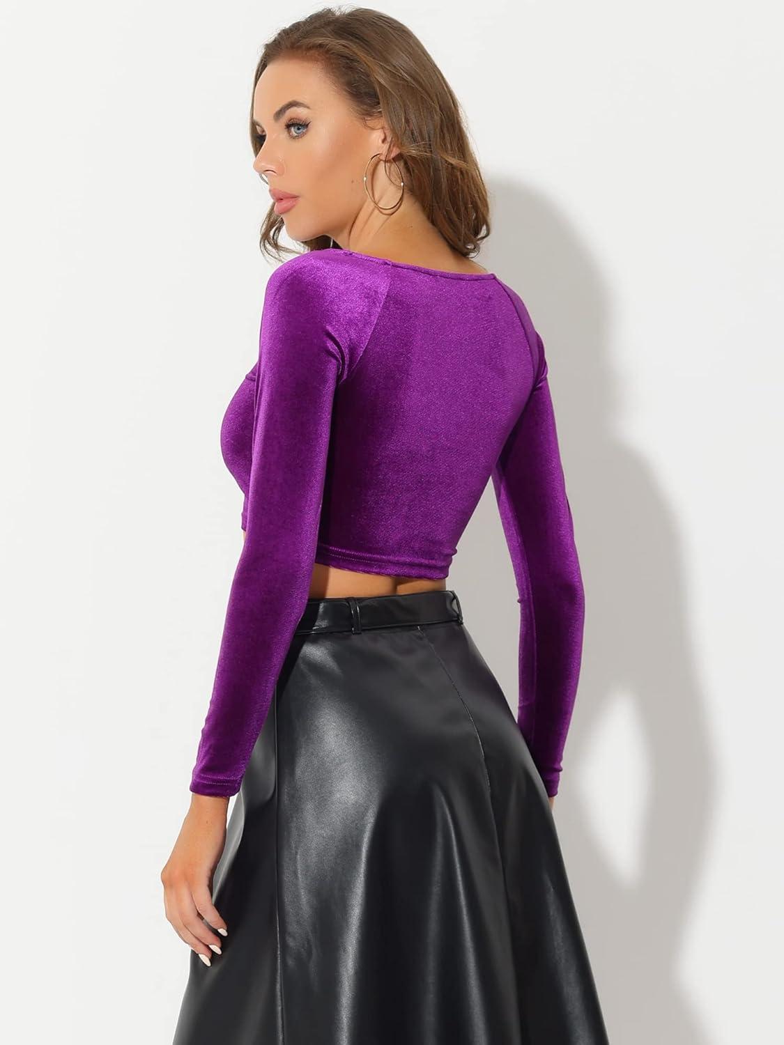 imageAllegra K Womens Velvet Long Sleeve Off Shoulder Solid Crop TopPurple