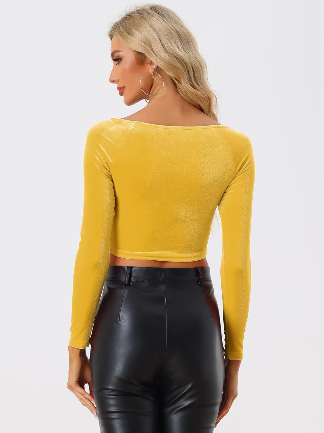 imageAllegra K Womens Velvet Long Sleeve Off Shoulder Solid Crop TopYellow