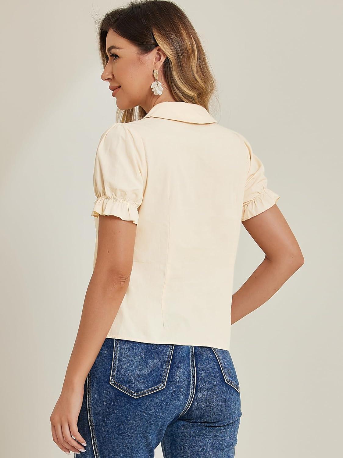 imageAllegra K Womens Vintage Peter Pan Collar Tie Neck Casual Cute Cotton ButtonUp ShirtApricot