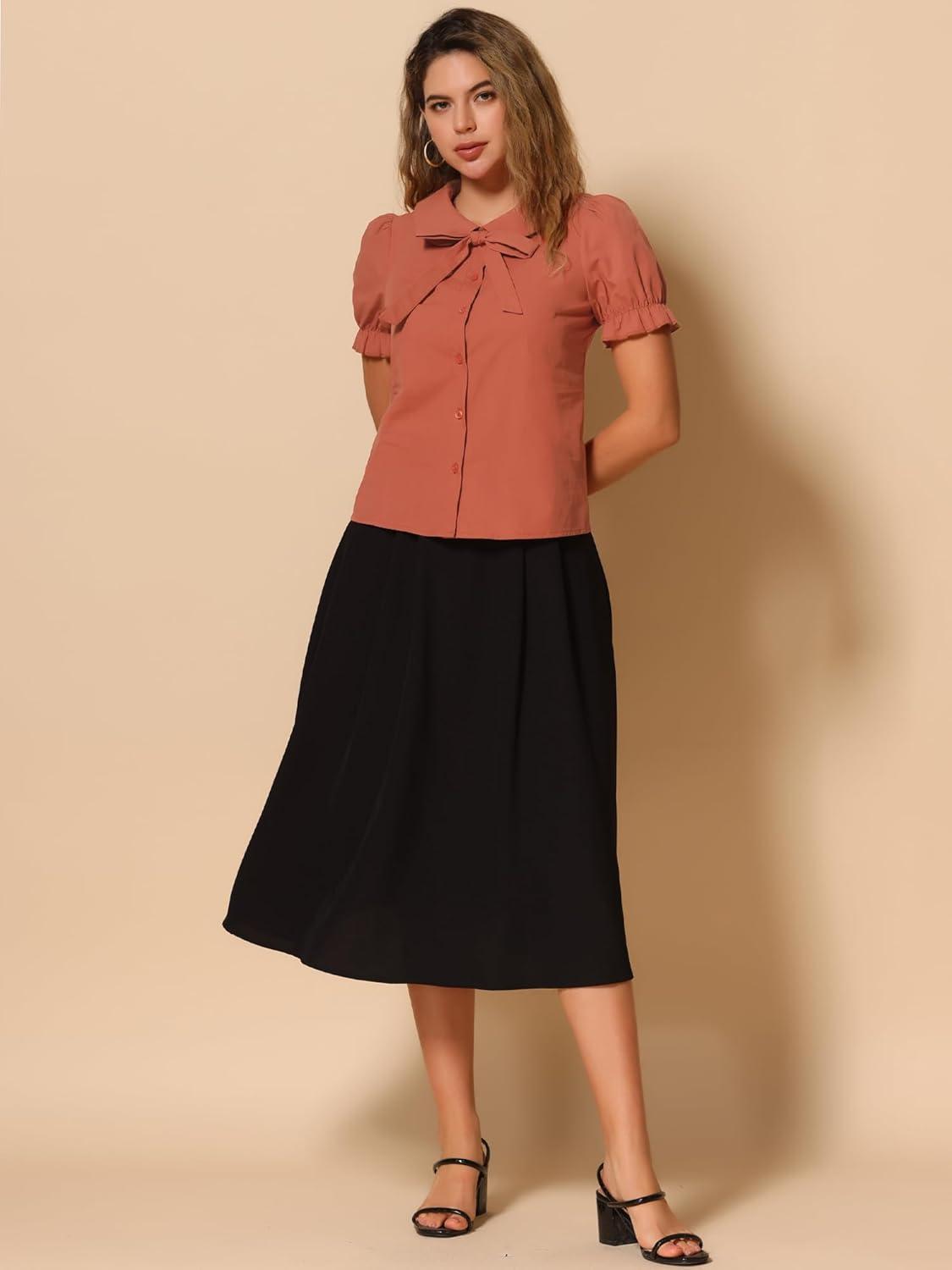 imageAllegra K Womens Vintage Peter Pan Collar Tie Neck Casual Cute Cotton ButtonUp ShirtBurnt Orange