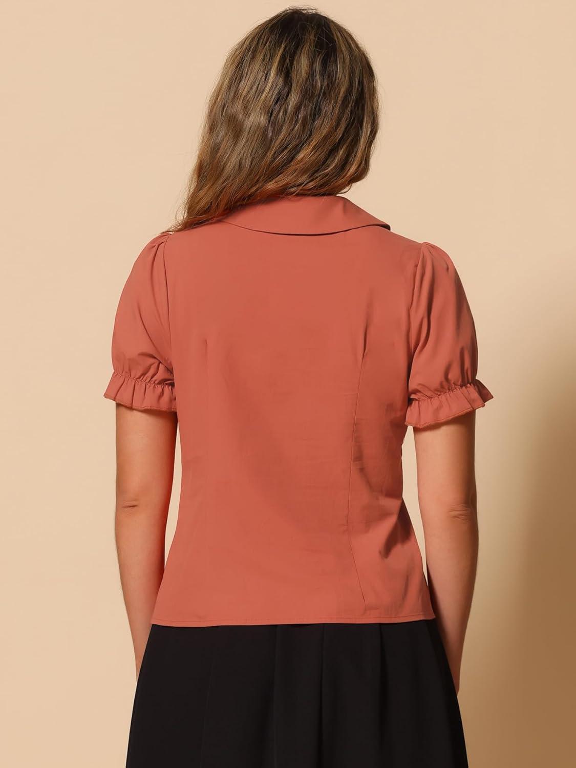 imageAllegra K Womens Vintage Peter Pan Collar Tie Neck Casual Cute Cotton ButtonUp ShirtBurnt Orange