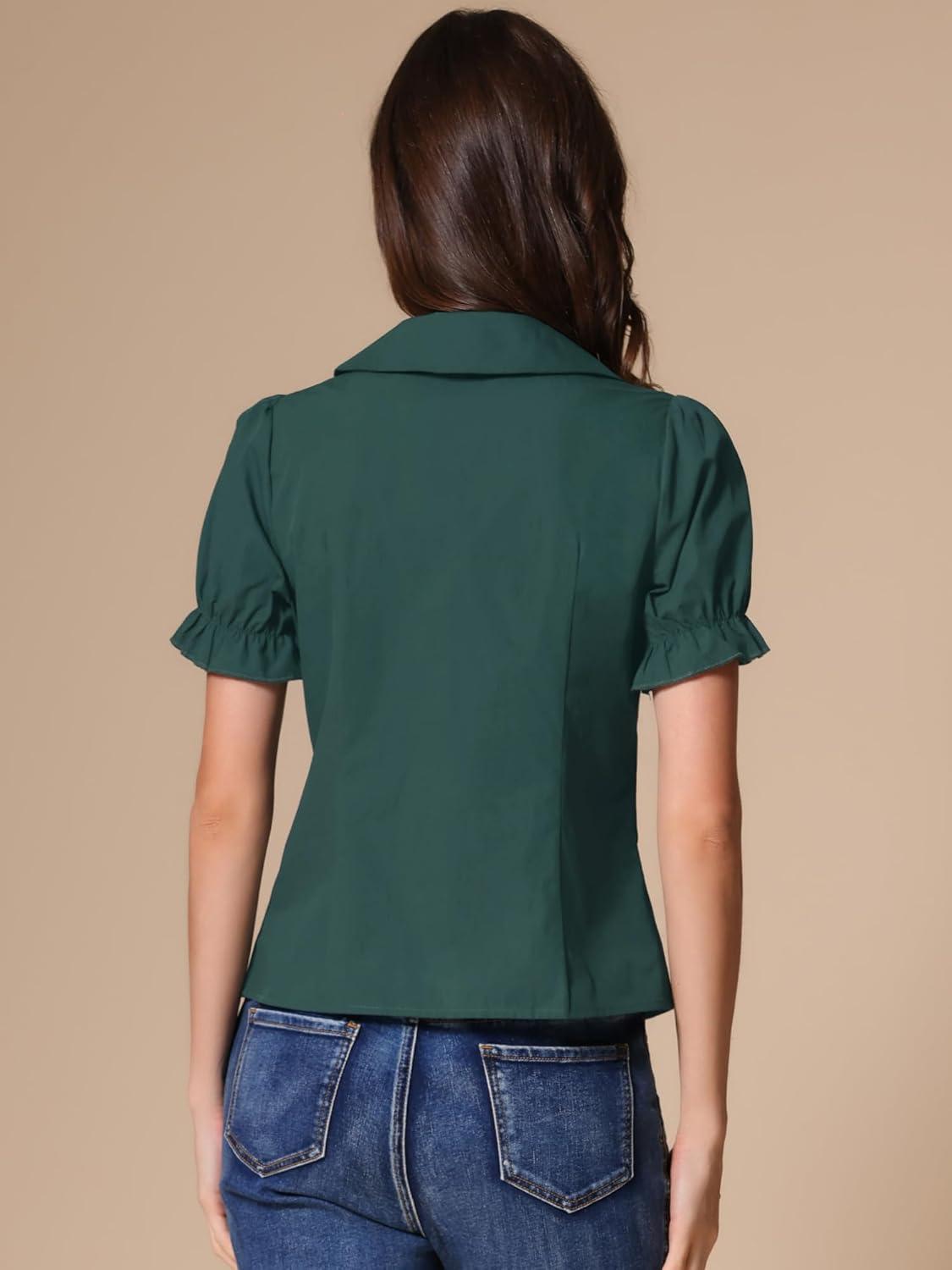imageAllegra K Womens Vintage Peter Pan Collar Tie Neck Casual Cute Cotton ButtonUp ShirtDark Green
