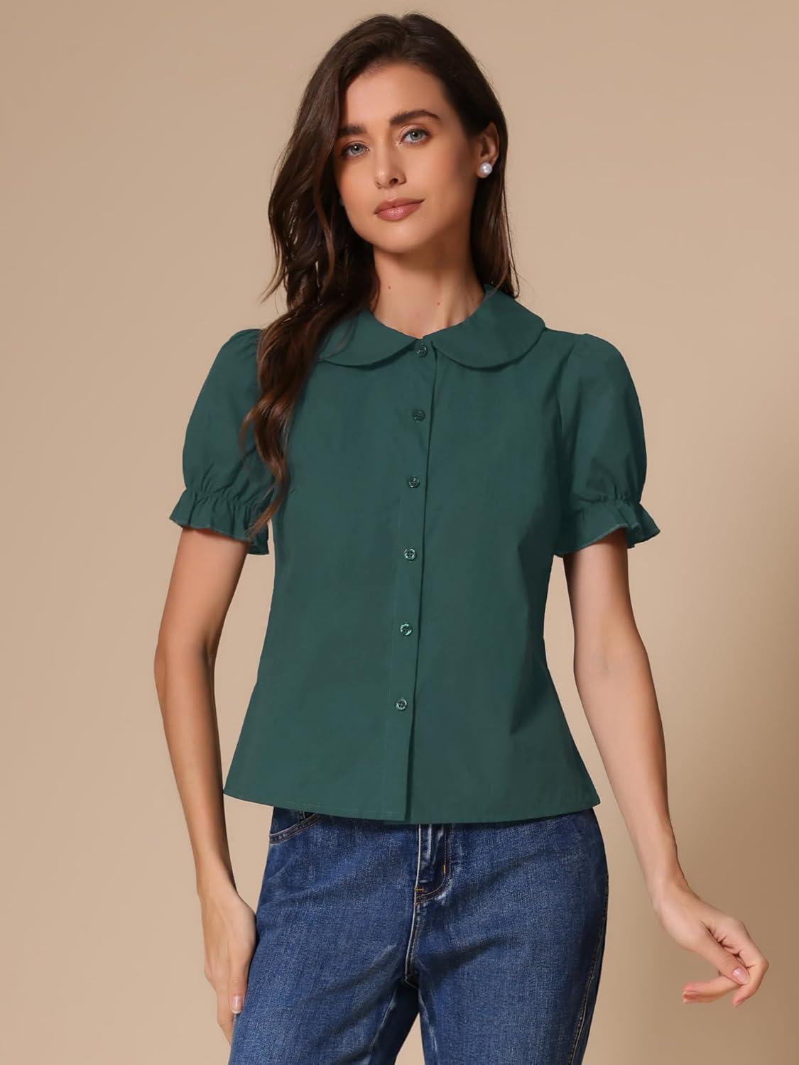 imageAllegra K Womens Vintage Peter Pan Collar Tie Neck Casual Cute Cotton ButtonUp ShirtDark Green