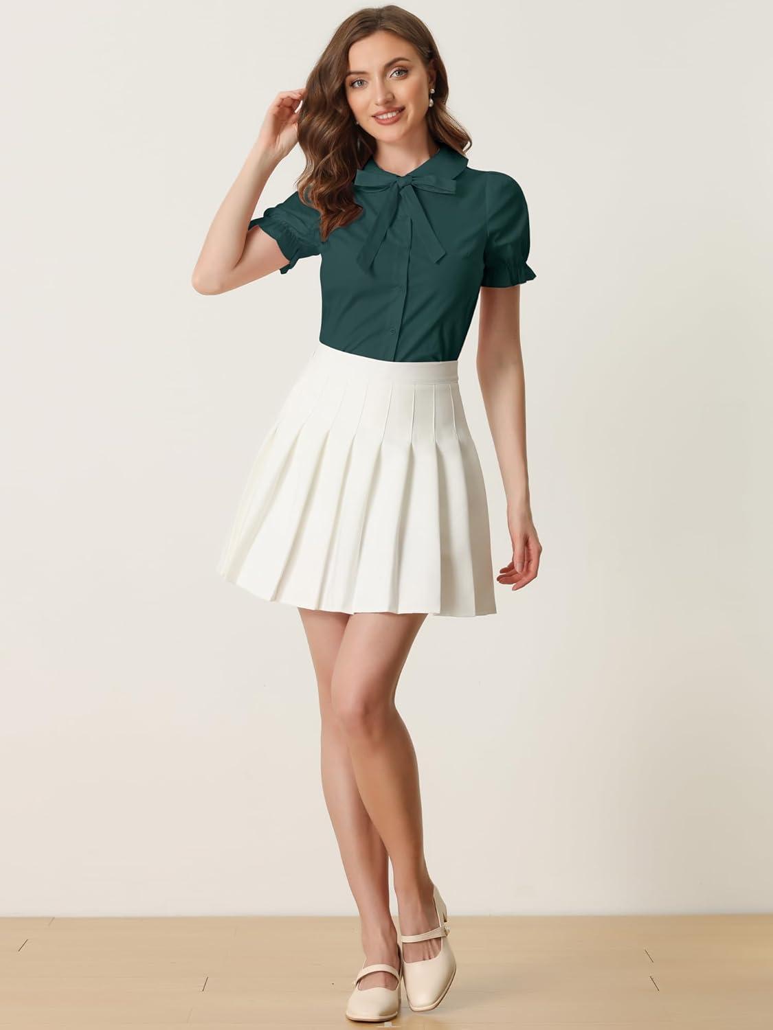 imageAllegra K Womens Vintage Peter Pan Collar Tie Neck Casual Cute Cotton ButtonUp ShirtDark Green