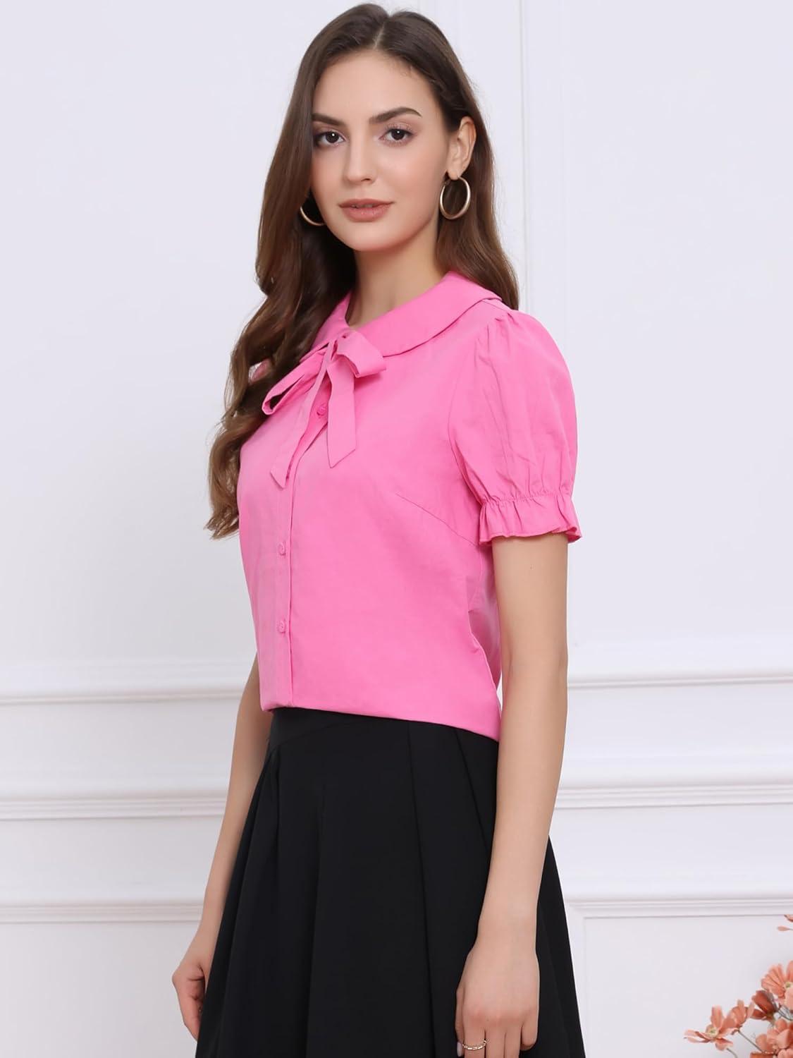 imageAllegra K Womens Vintage Peter Pan Collar Tie Neck Casual Cute Cotton ButtonUp ShirtFuchsia