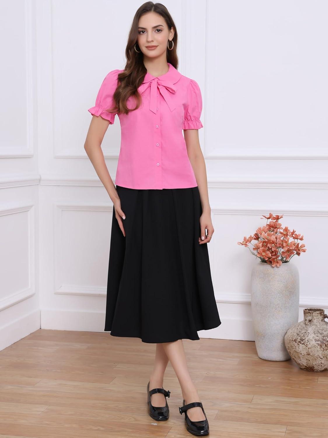 imageAllegra K Womens Vintage Peter Pan Collar Tie Neck Casual Cute Cotton ButtonUp ShirtFuchsia