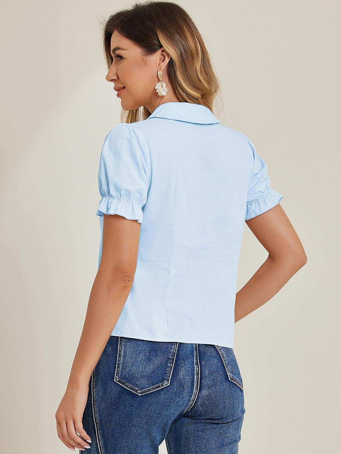 imageAllegra K Womens Vintage Peter Pan Collar Tie Neck Casual Cute Cotton ButtonUp ShirtLight Blue