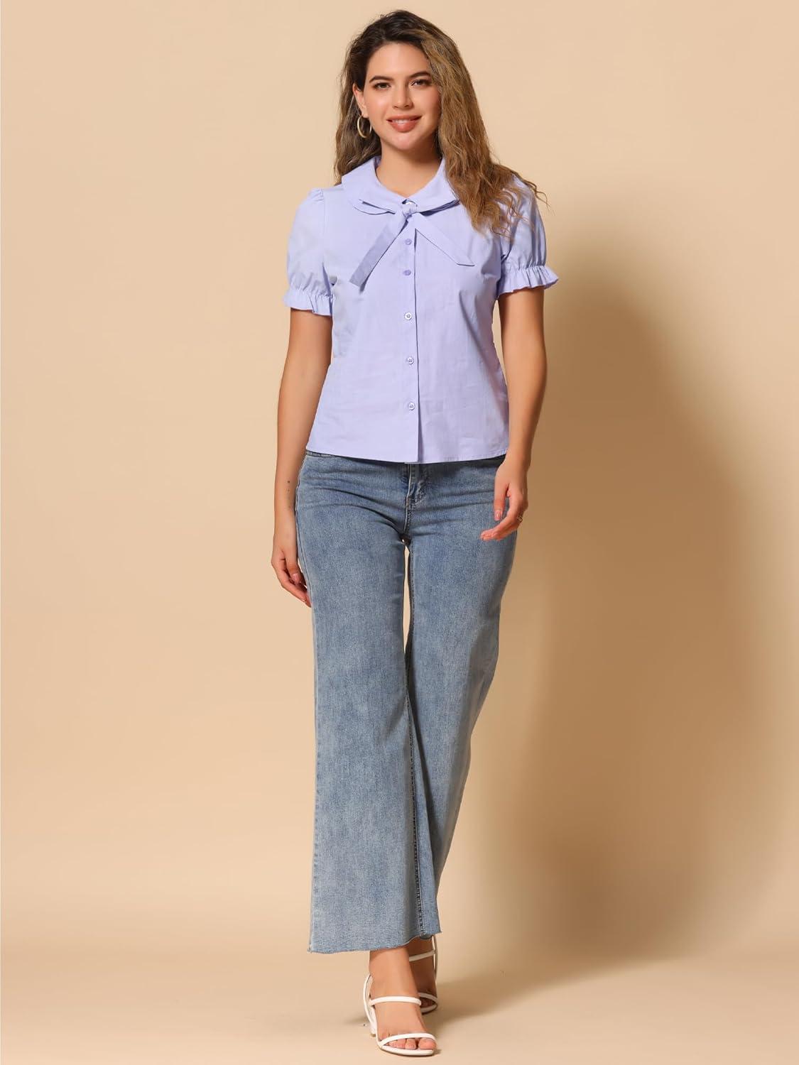 imageAllegra K Womens Vintage Peter Pan Collar Tie Neck Casual Cute Cotton ButtonUp ShirtLight Purple