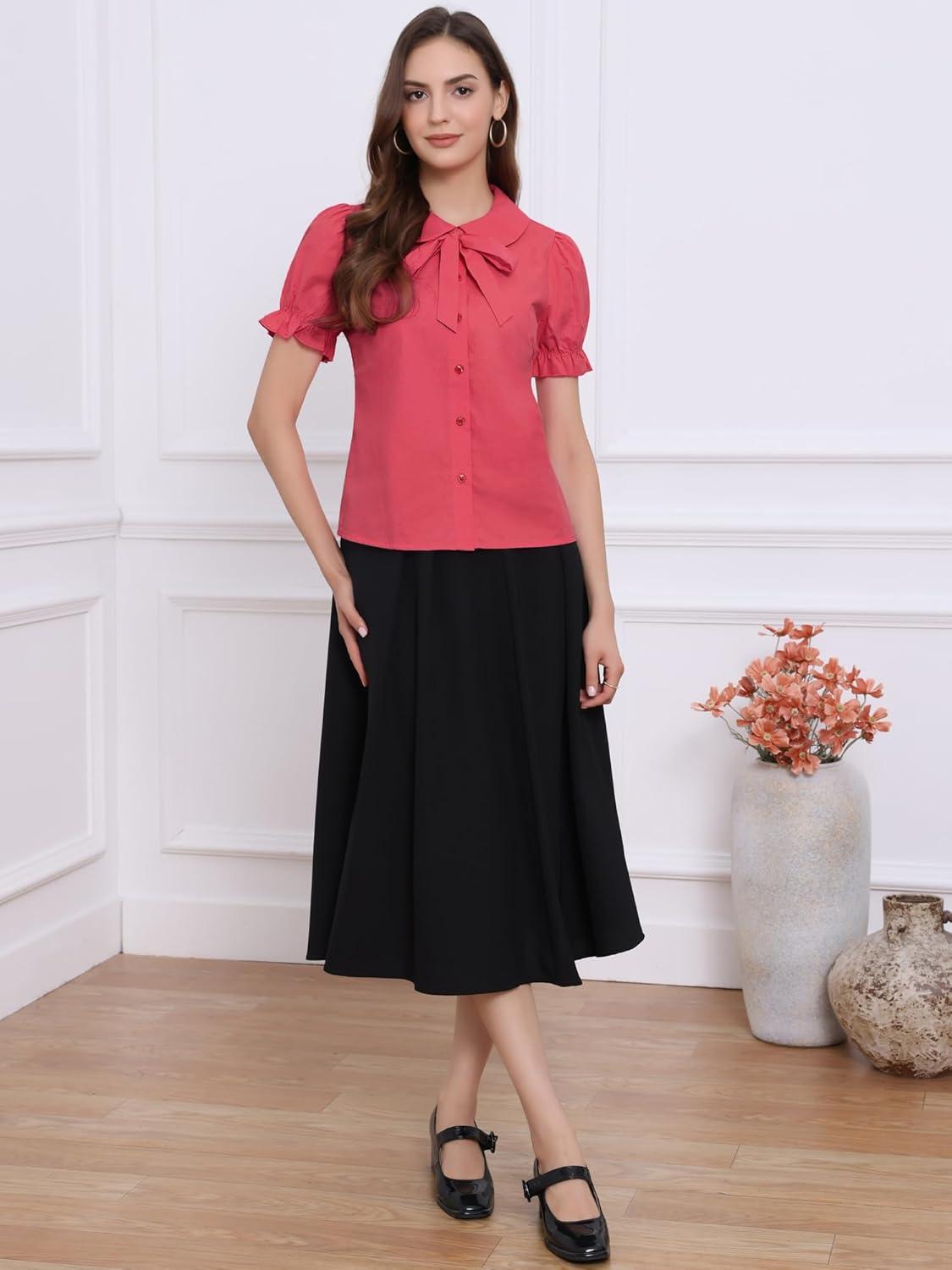 imageAllegra K Womens Vintage Peter Pan Collar Tie Neck Casual Cute Cotton ButtonUp ShirtPastel Red