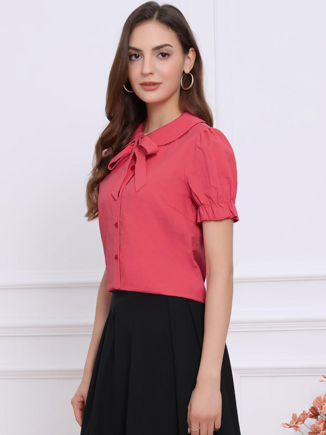 imageAllegra K Womens Vintage Peter Pan Collar Tie Neck Casual Cute Cotton ButtonUp ShirtPastel Red