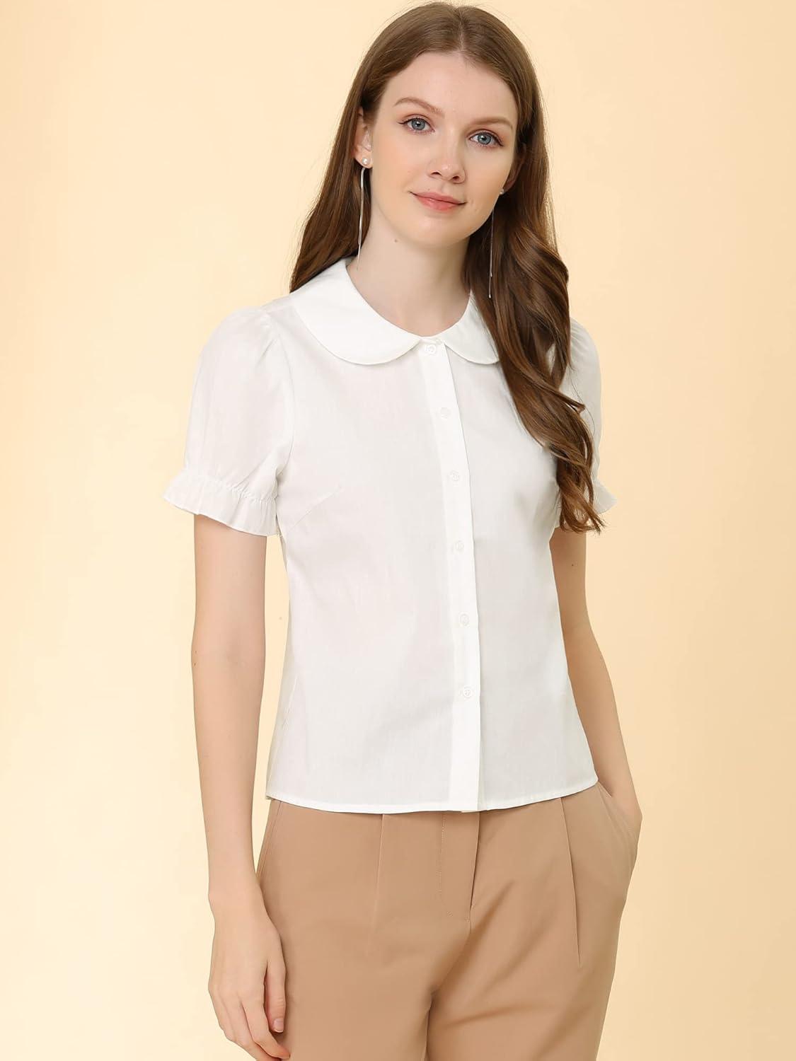 imageAllegra K Womens Vintage Peter Pan Collar Tie Neck Casual Cute Cotton ButtonUp ShirtWhite