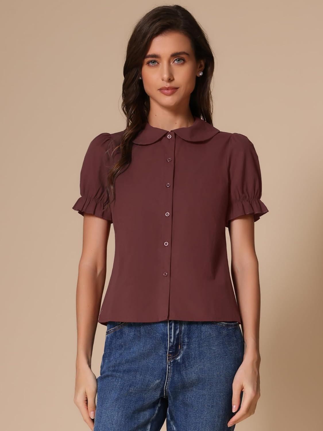 imageAllegra K Womens Vintage Peter Pan Collar Tie Neck Casual Cute Cotton ButtonUp ShirtWine Red