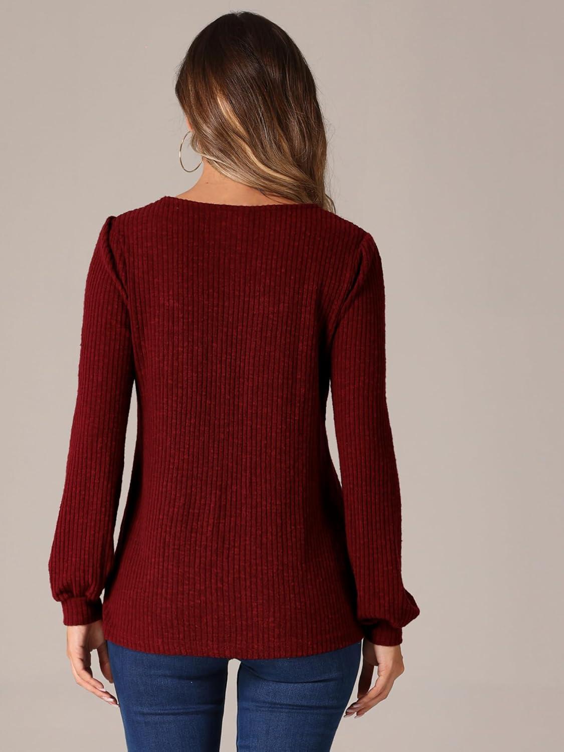 imageAllegra K Womens Vintage Square Neck Pullover Sweater Casual Puff Long Sleeve Ribbed Knit TopBurgundy