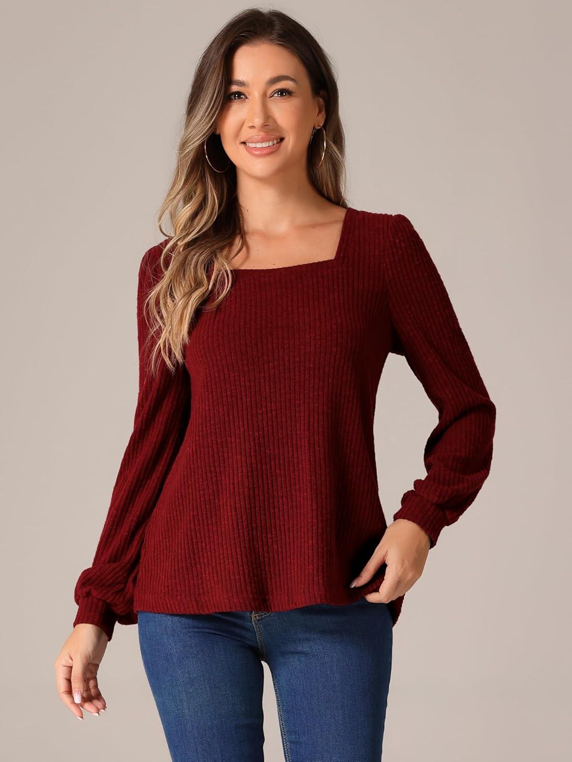 imageAllegra K Womens Vintage Square Neck Pullover Sweater Casual Puff Long Sleeve Ribbed Knit TopBurgundy