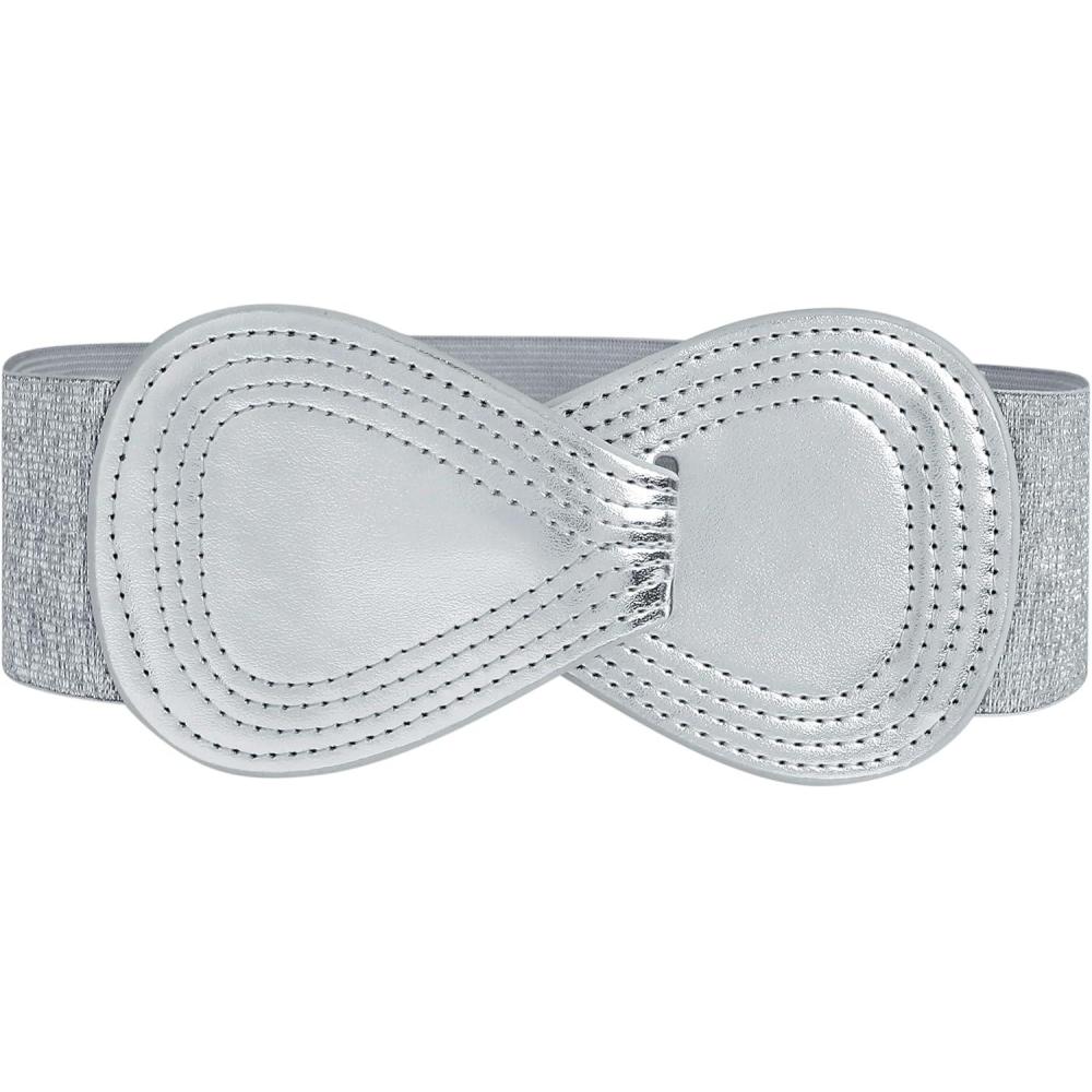 imageAllegra K Plus Size Interlock Buckle 8shaped Faux Leather Elastic Belt Cinch Waistband for LadyMetallic Silver