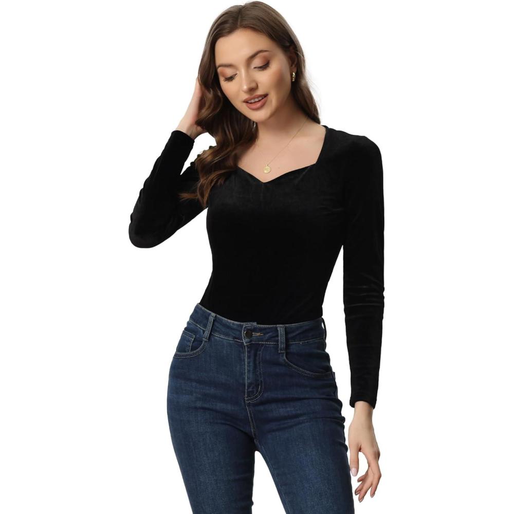 imageAllegra K Velvet Tops for Womens Long Sleeves Sweetheart Neck BlouseBlack
