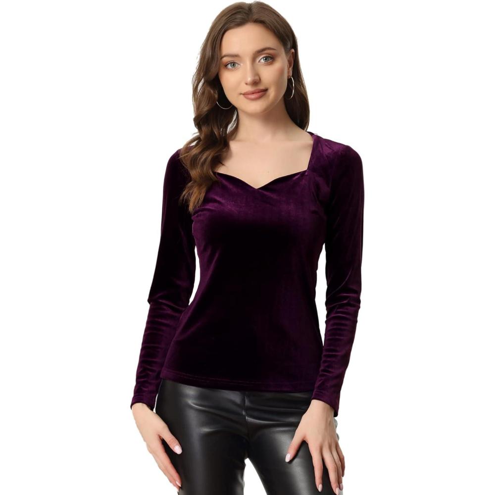 imageAllegra K Velvet Tops for Womens Long Sleeves Sweetheart Neck BlousePurple