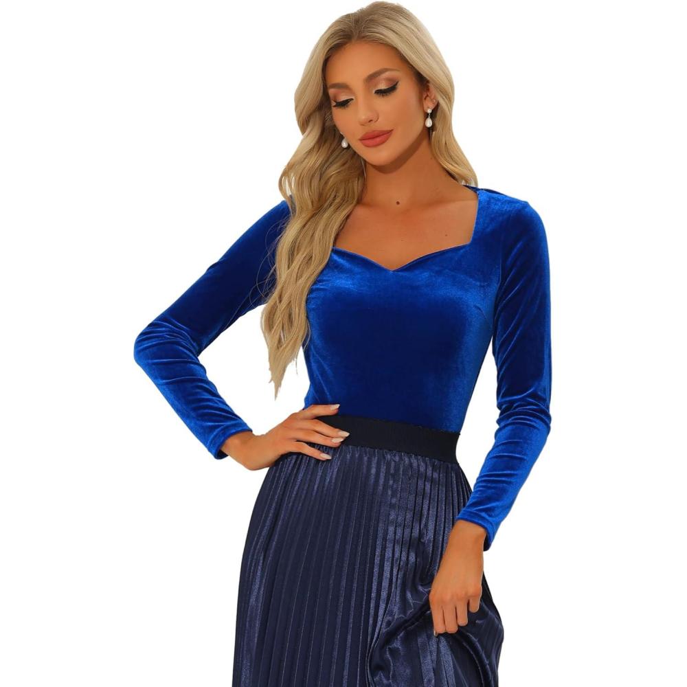imageAllegra K Velvet Tops for Womens Long Sleeves Sweetheart Neck BlouseRoyal Blue