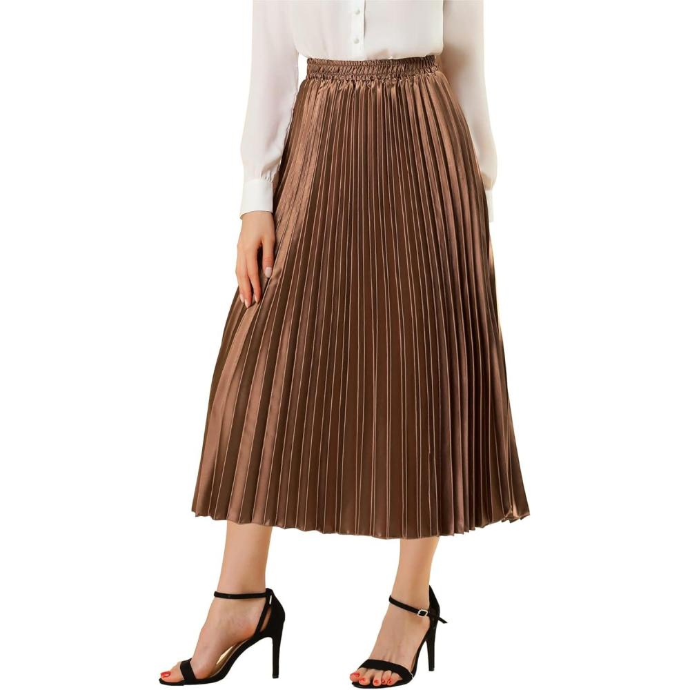 imageAllegra K Women Pleated Skirt Midi Length Elastic High Waisted A Line Metallic Shirring Party SkirtsBrown