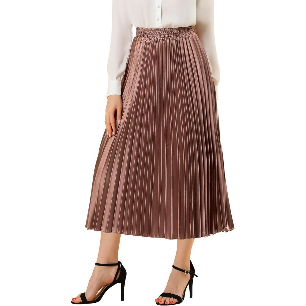imageAllegra K Women Pleated Skirt Midi Length Elastic High Waisted A Line Metallic Shirring Party SkirtsCopper