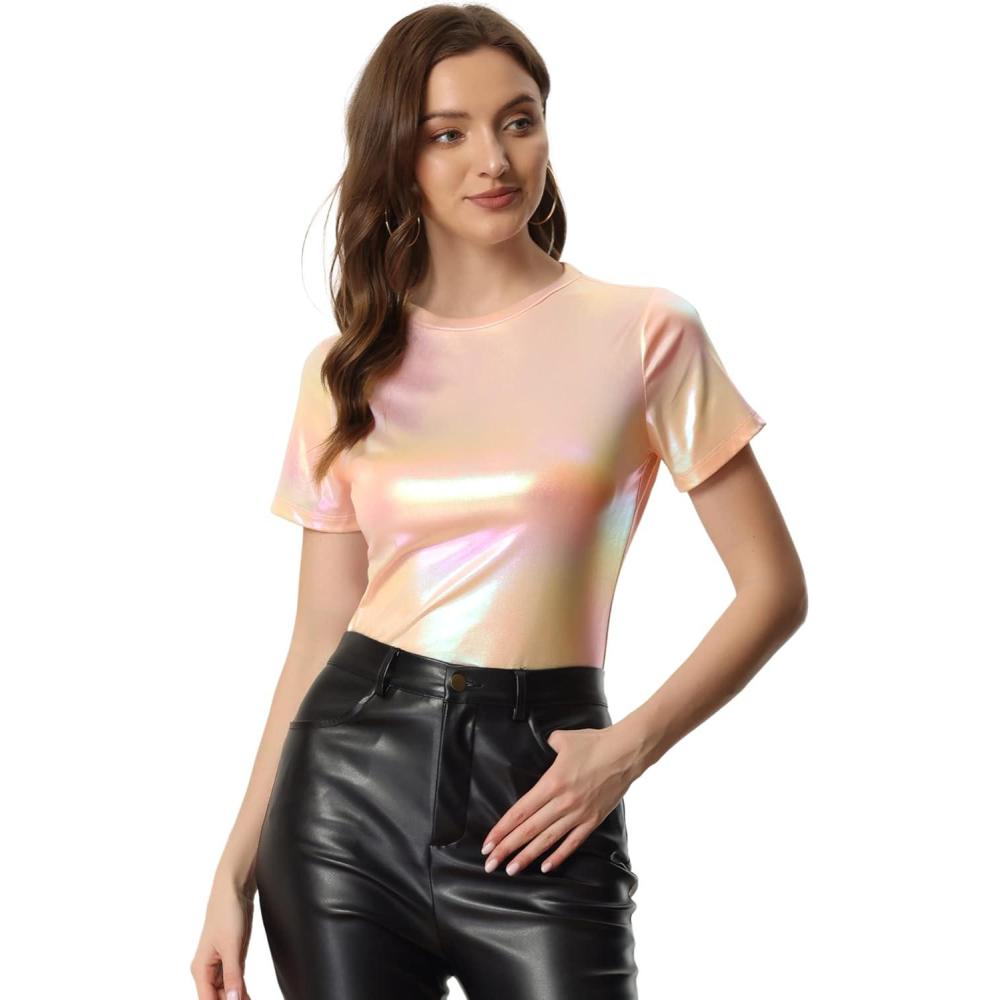 imageAllegra K Womens 80s Disco Outfit Party Club Sparkly Rainbow Metallic TopBeige Pink