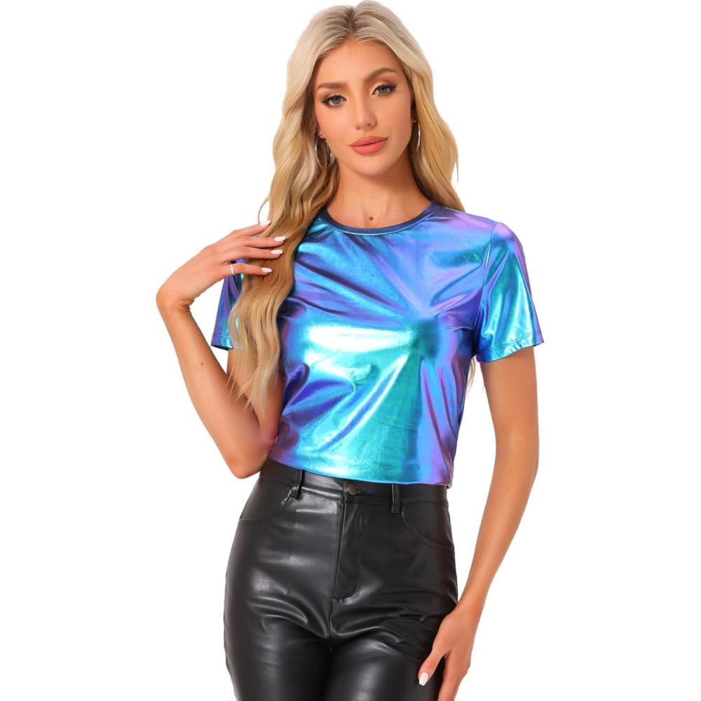 imageAllegra K Womens 80s Disco Outfit Party Club Sparkly Rainbow Metallic TopBlue Green