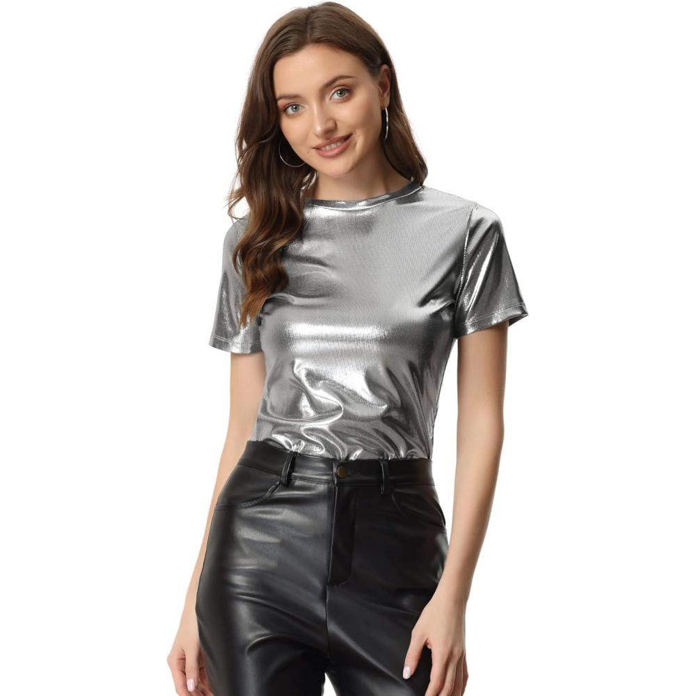 imageAllegra K Womens 80s Disco Outfit Party Club Sparkly Rainbow Metallic TopDark Silver