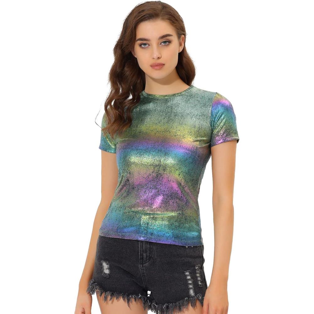 imageAllegra K Womens 80s Disco Outfit Party Club Sparkly Rainbow Metallic TopGreen