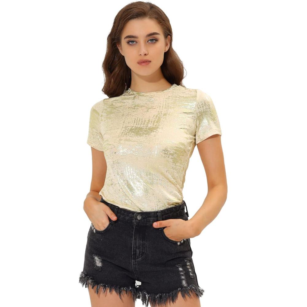 imageAllegra K Womens 80s Disco Outfit Party Club Sparkly Rainbow Metallic TopLight Gold