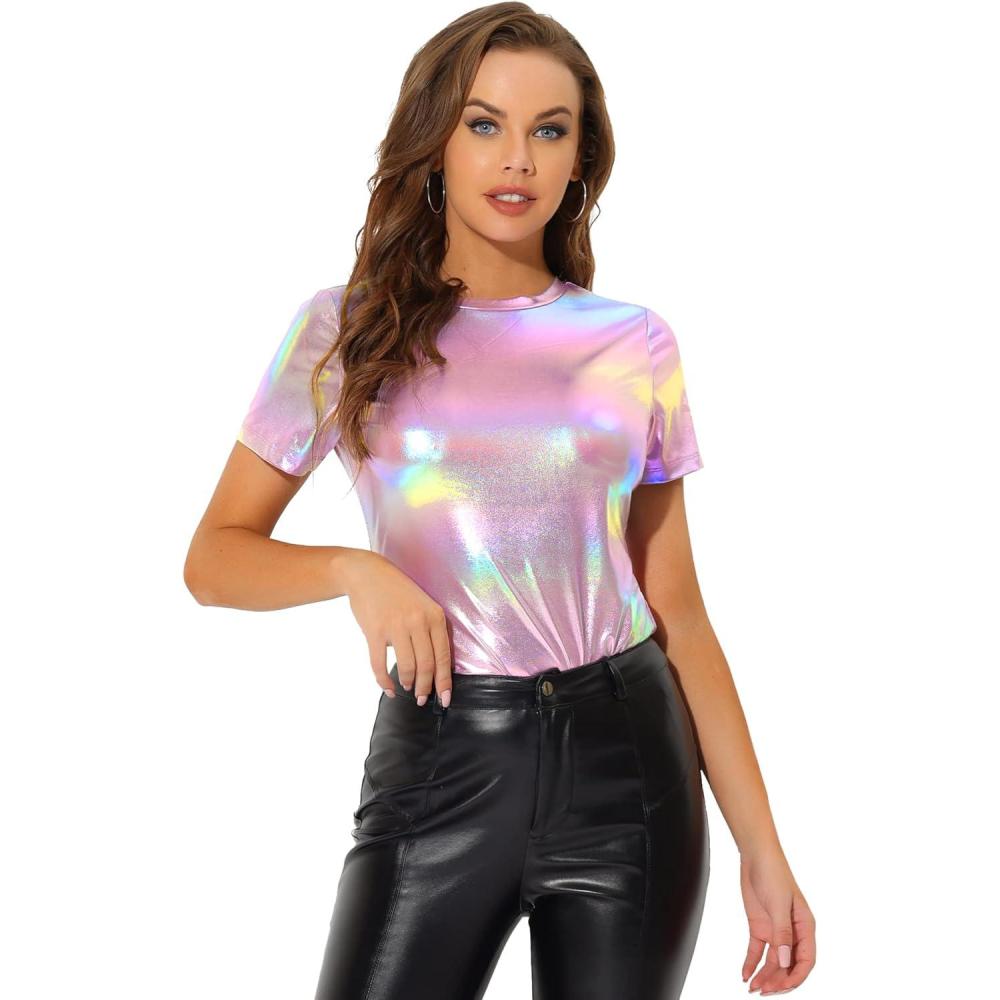 imageAllegra K Womens 80s Disco Outfit Party Club Sparkly Rainbow Metallic TopShiny Pink