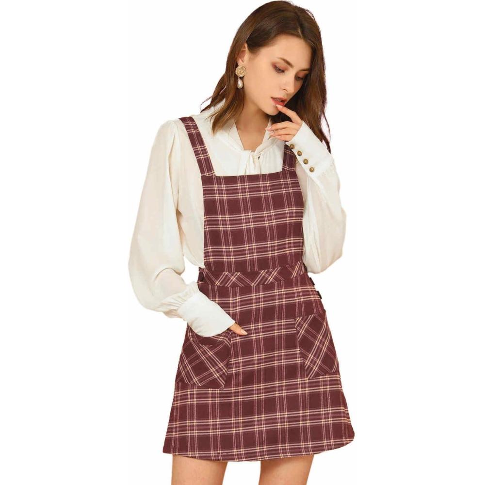 imageAllegra K Womens Christmas Plaid Tartan Skirt Button Decor ALine Pinafore Overall DressBurgundy