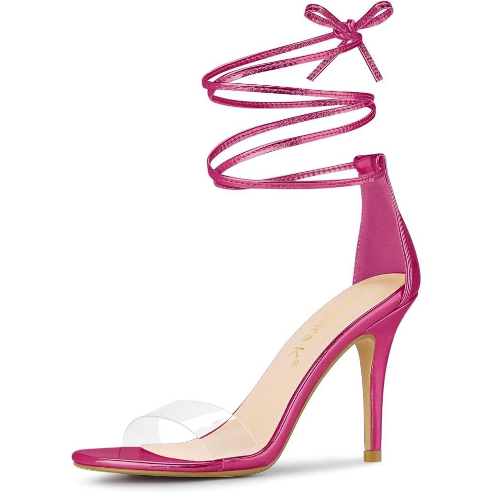 imageAllegra K Womens Clear Strap Stiletto Heel Lace Up Heels SandalsHot Pink