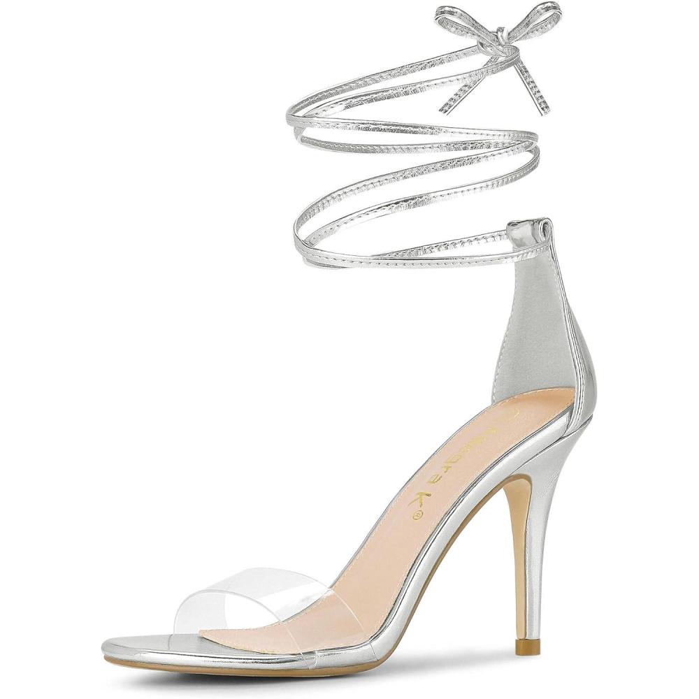 imageAllegra K Womens Clear Strap Stiletto Heel Lace Up Heels SandalsSilver