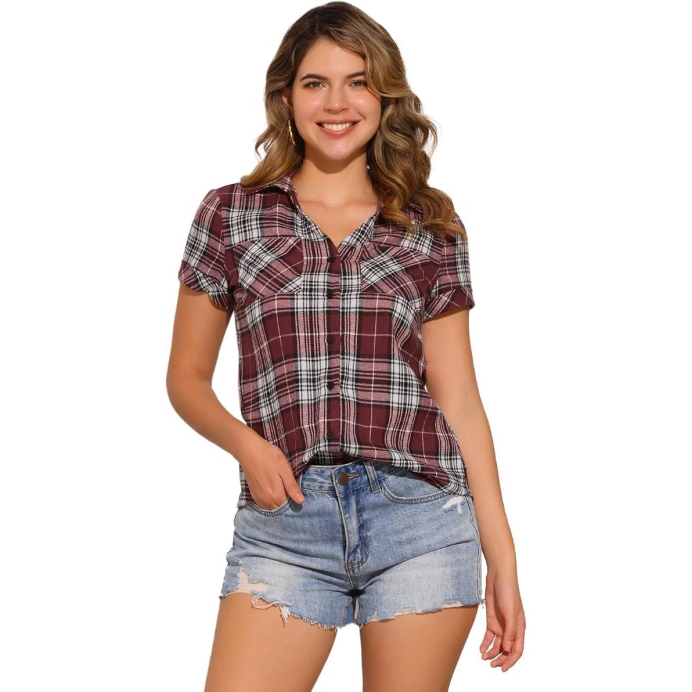 imageAllegra K Womens Cotton Classic Button Down Western Plaid ShirtDeep Red
