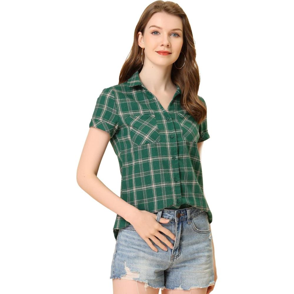 imageAllegra K Womens Cotton Classic Button Down Western Plaid ShirtGreen Beige
