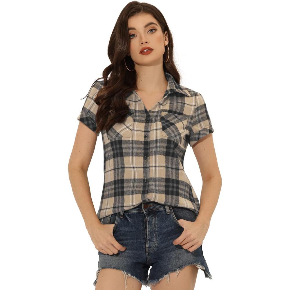 imageAllegra K Womens Cotton Classic Button Down Western Plaid ShirtKhaki Black