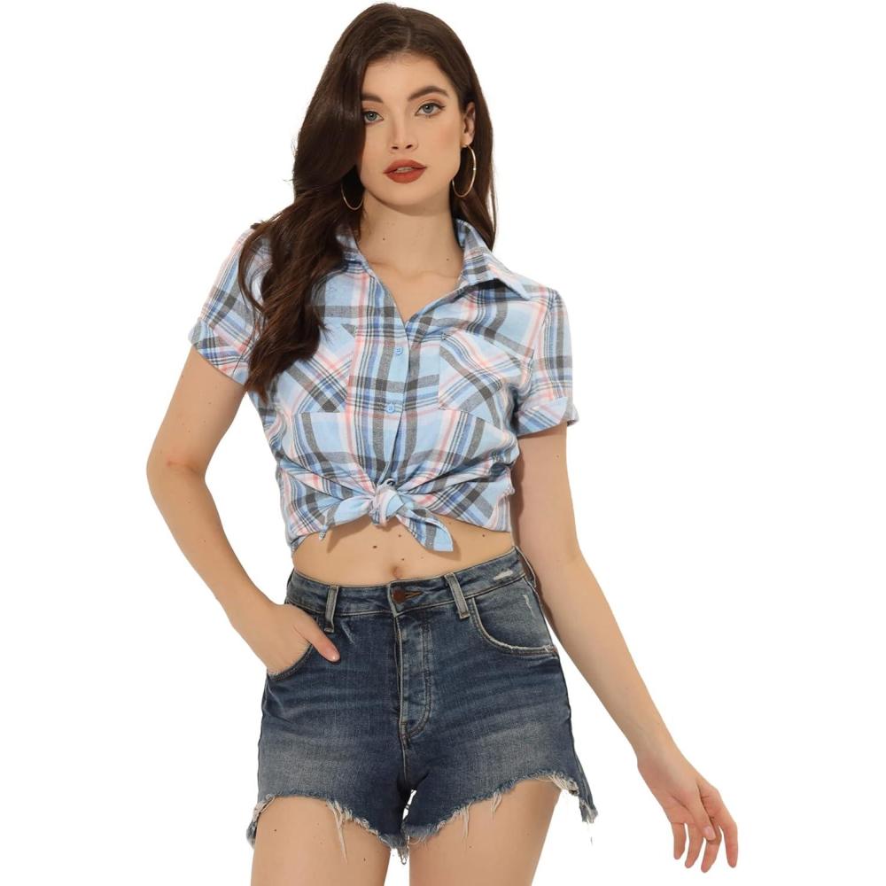 imageAllegra K Womens Cotton Classic Button Down Western Plaid ShirtLight Blue