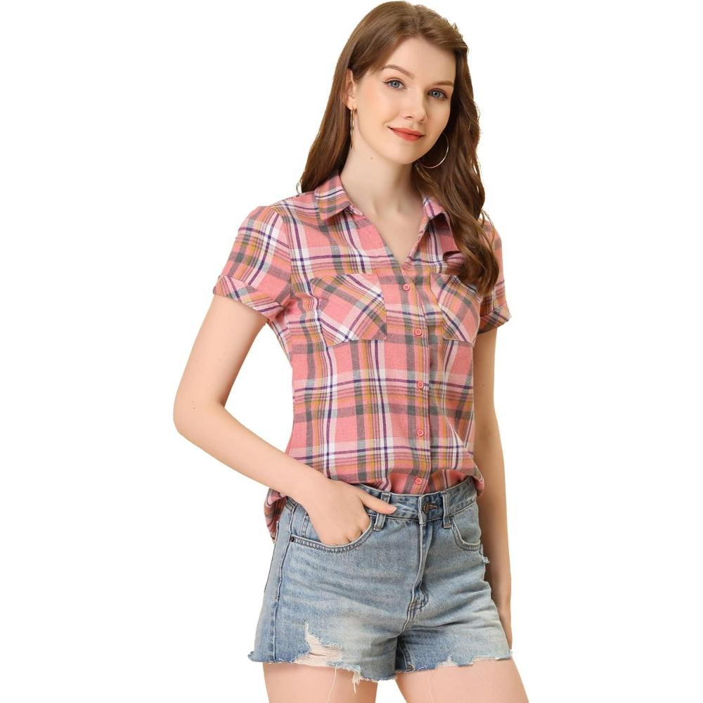 imageAllegra K Womens Cotton Classic Button Down Western Plaid ShirtLight Pink