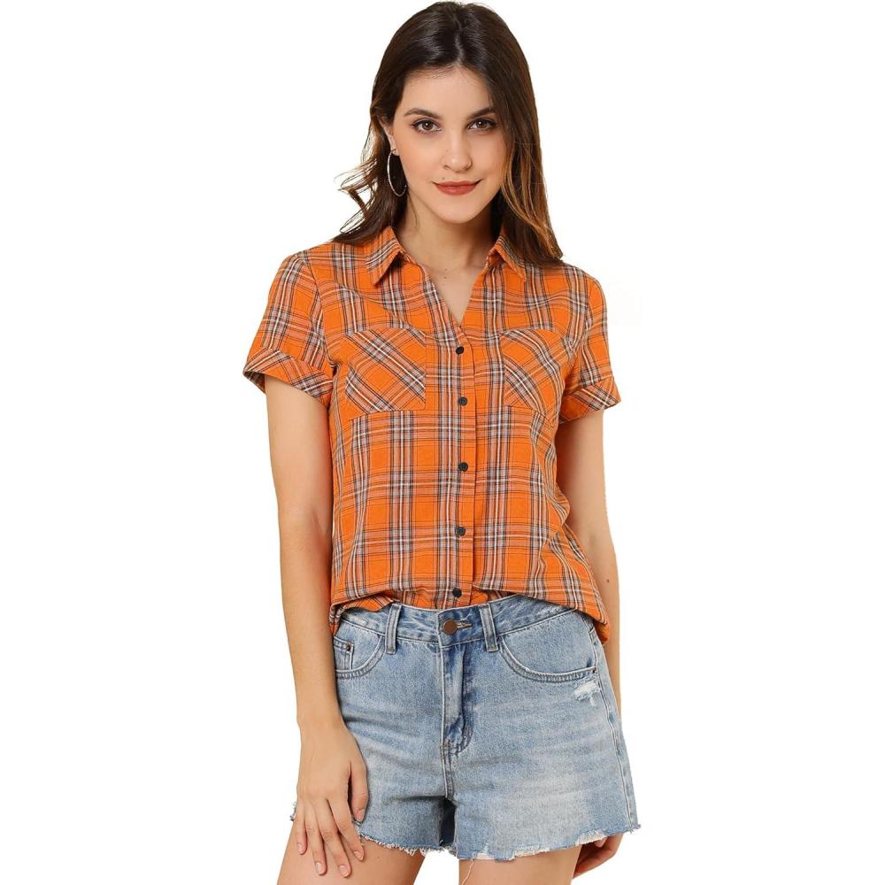 imageAllegra K Womens Cotton Classic Button Down Western Plaid ShirtOrange