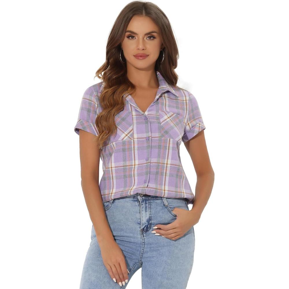 imageAllegra K Womens Cotton Classic Button Down Western Plaid ShirtPastel Purple