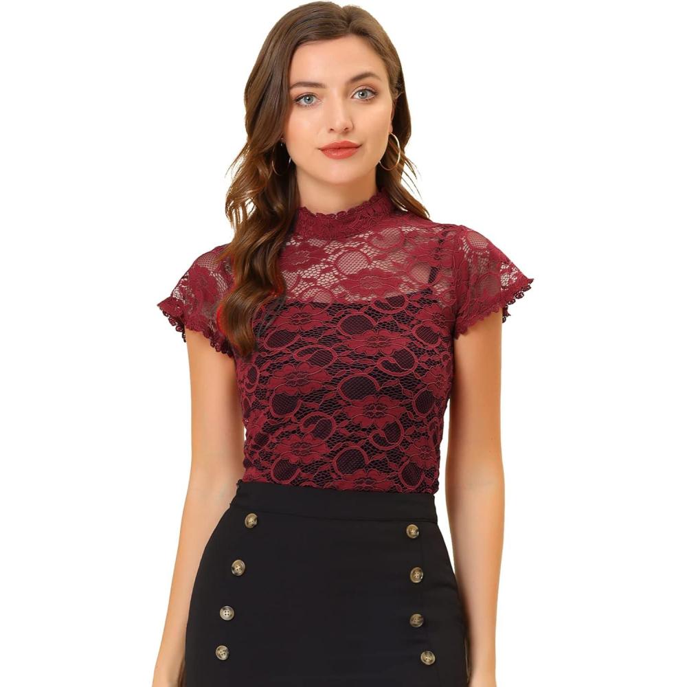 imageAllegra K Womens Elegant Floral Lace Blouse Short Sleeve Keyhole Back Fitted Semi Sheer TopWine
