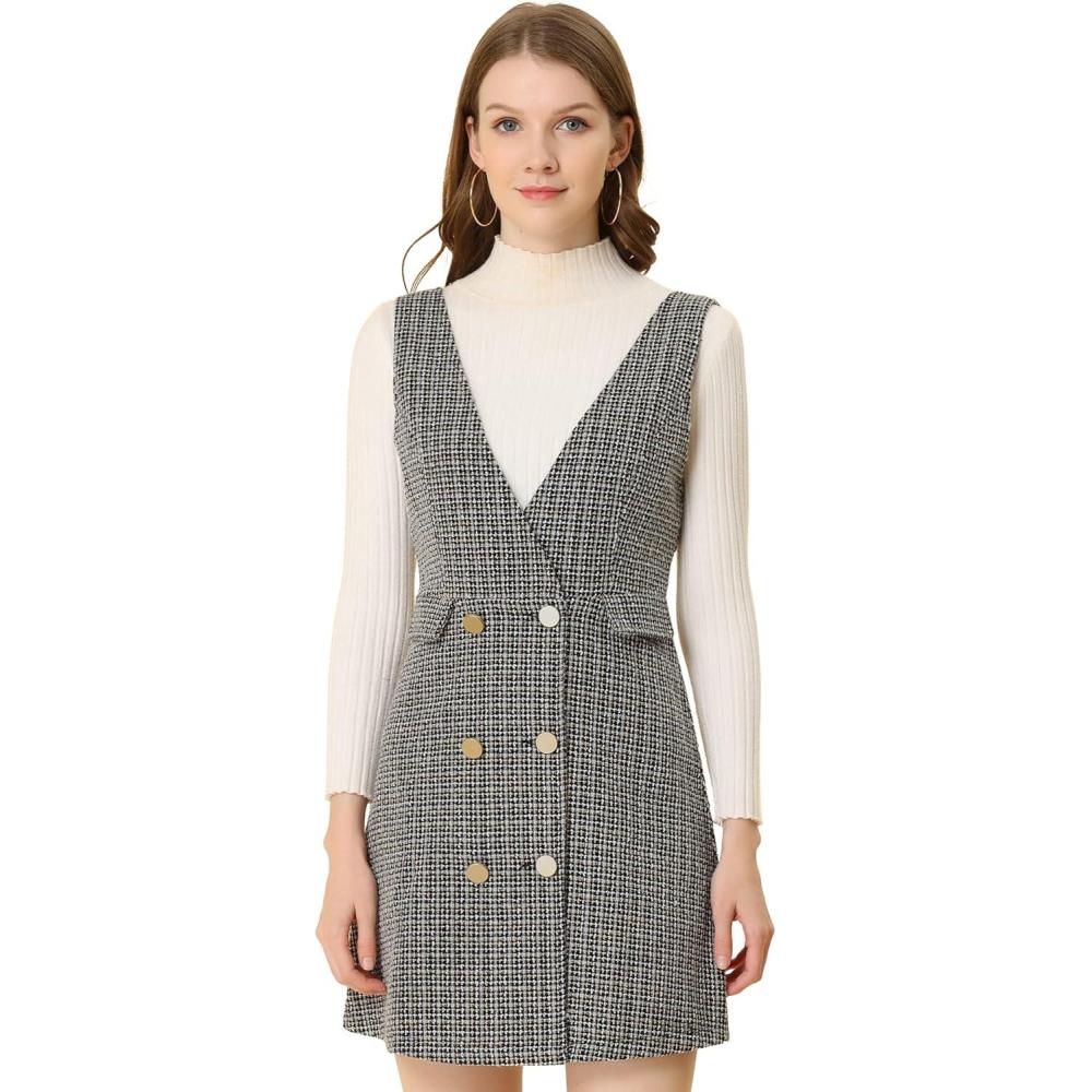 imageAllegra K Womens Elegant Vintage Button Front V Neck Plaid Tweed Overalls Pinafore DressApricot