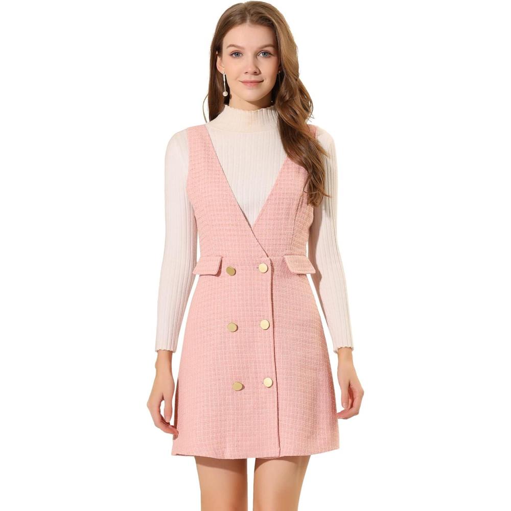 imageAllegra K Womens Elegant Vintage Button Front V Neck Plaid Tweed Overalls Pinafore DressPink