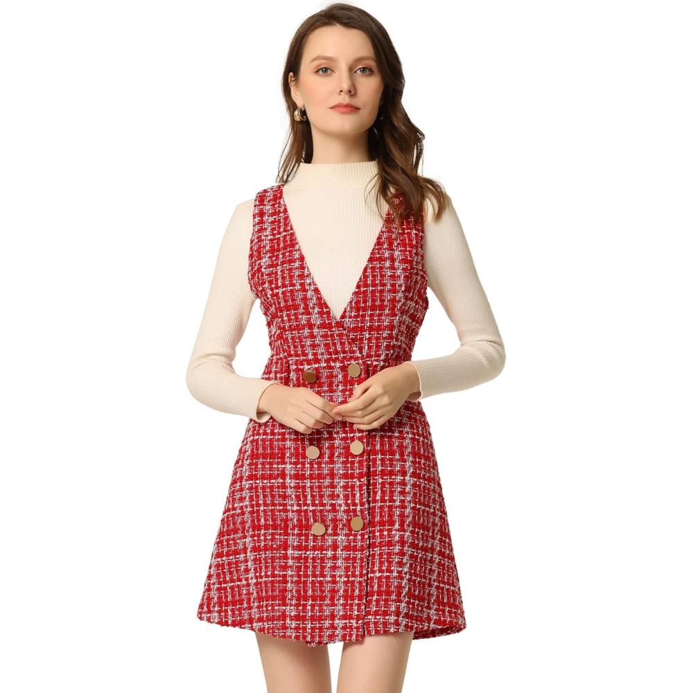 imageAllegra K Womens Elegant Vintage Button Front V Neck Plaid Tweed Overalls Pinafore DressReds